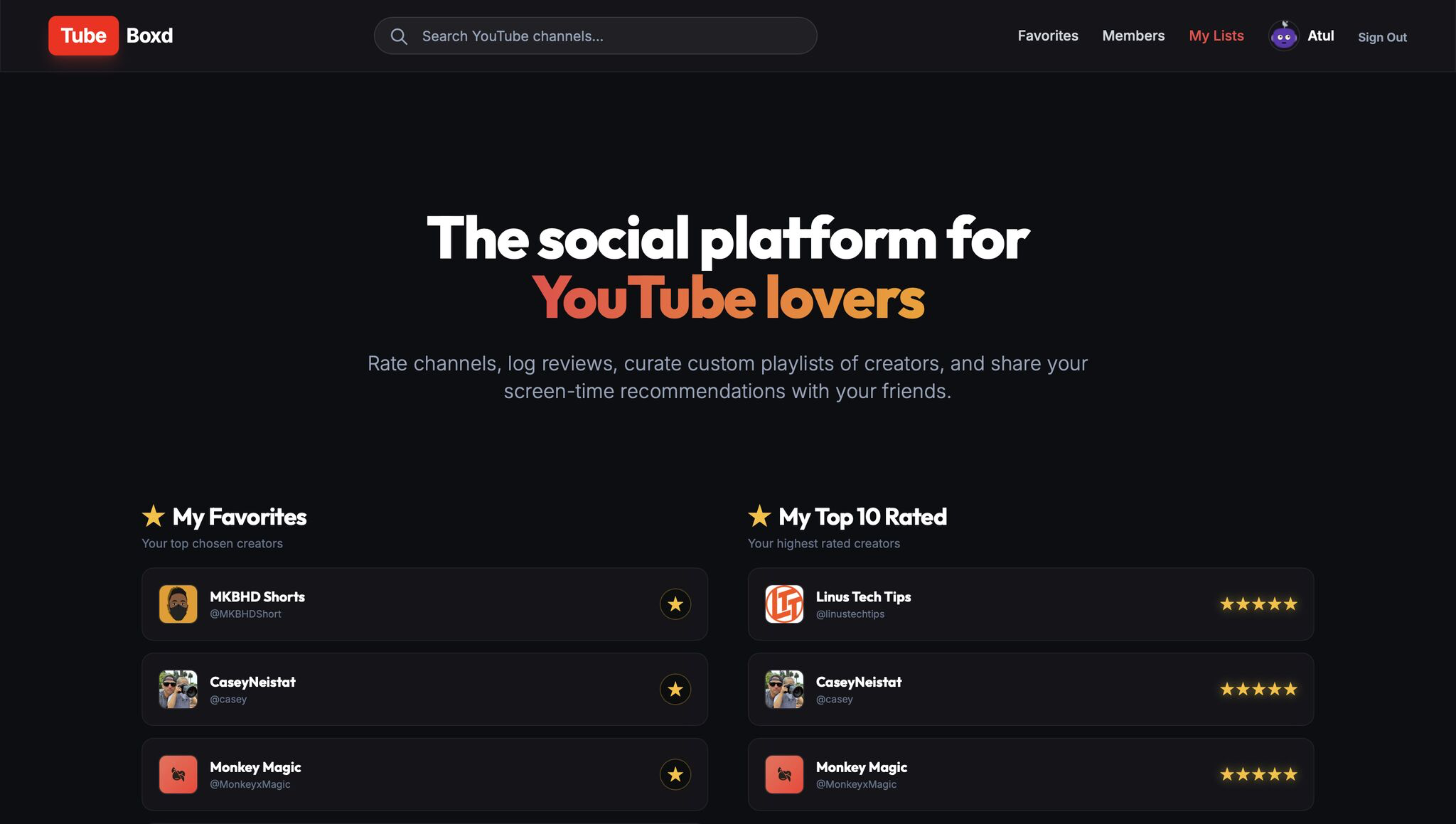 TubeBoxd application interface